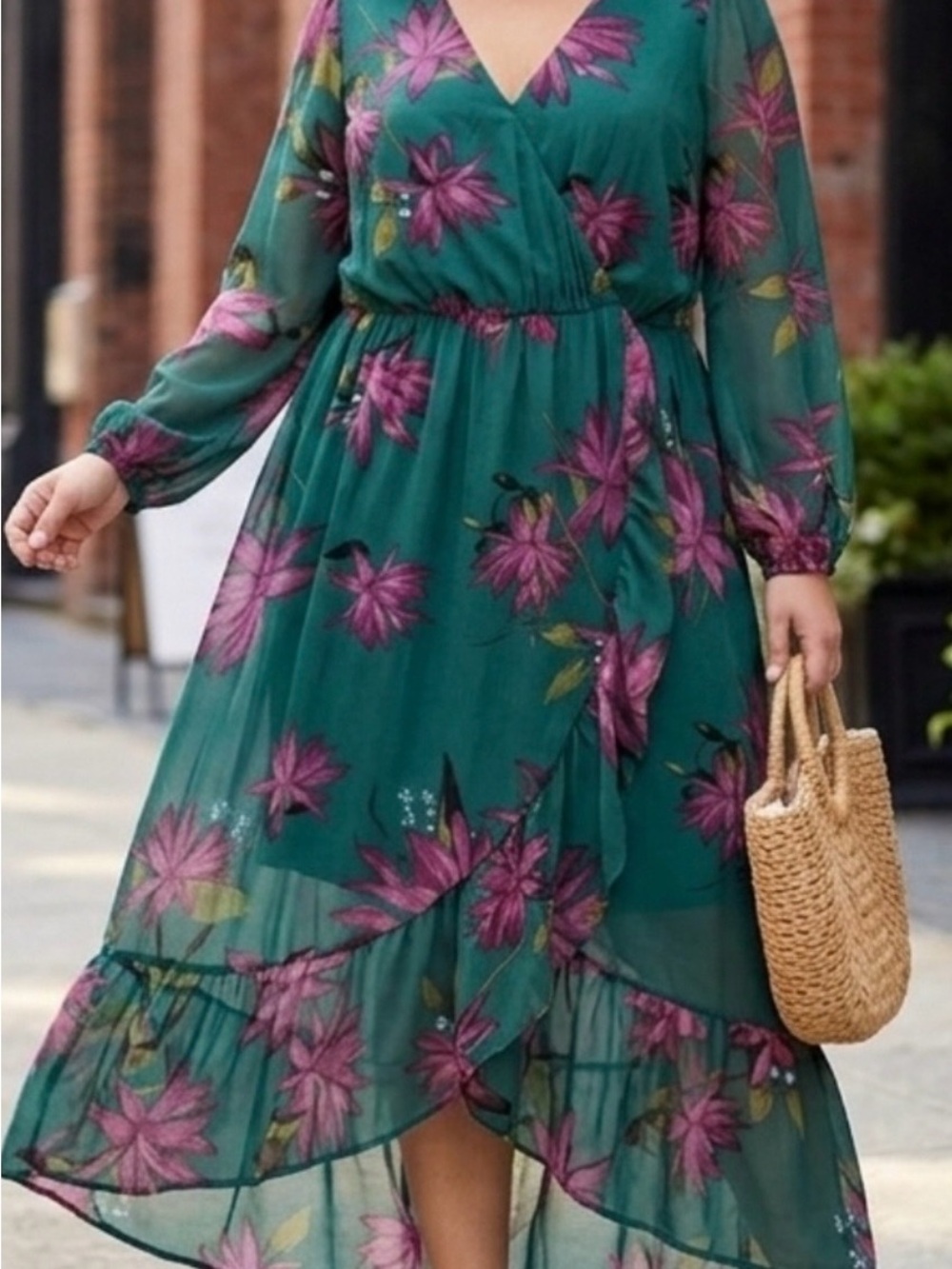 Ava & Viv Teal Floral Wrap Midi Dress with Pink Blossoms